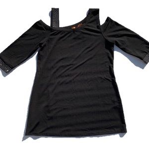 Belldini women’s size small unique black open shoulders rhinestone blouse